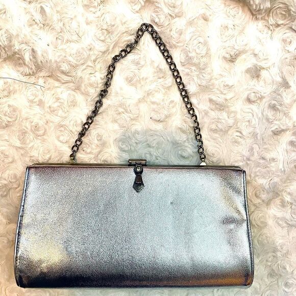 Vintage 1960s Silver Leather Clutch Convertible Handbag - Picture 1 of 8